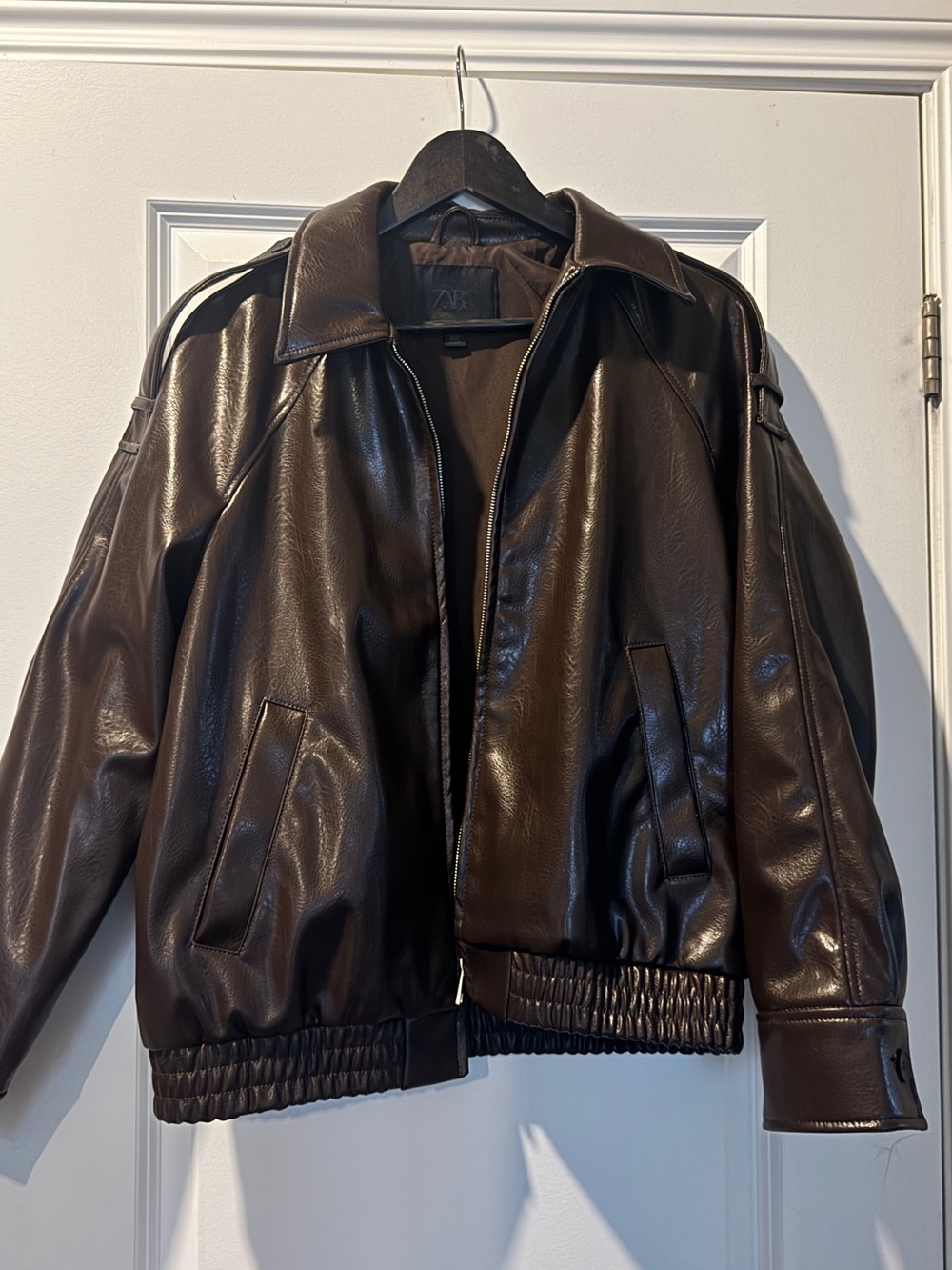 Zara Dark Brown Faux Leather Bomber Jacket